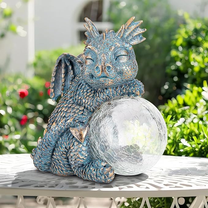 WONDER GARDEN Dragon Statue - Sleeping Dragon Figurines Solar Light Resin Garden Statues with Crackled Glass Globe Outdoor Waterproof Lawn Ornament Decor-Ruum Studio Home