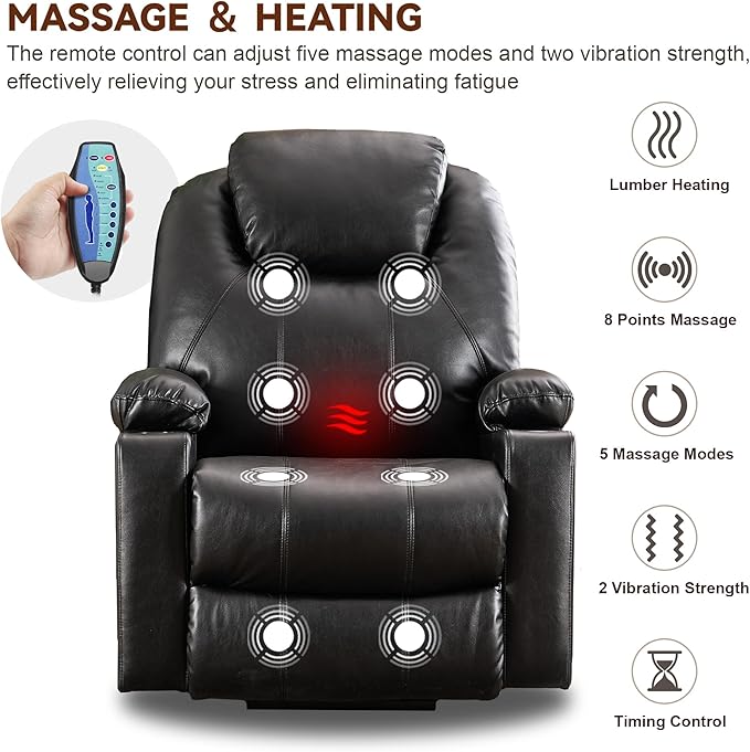 SALOHZA Power Lift Recliner Chair for Elderly with Massage and Heat for Living Room, Electric Recliner Chair for Adults with USB/Type C Port/Cup Holders, PU Faux Leather, Black-Ruum Studio Home