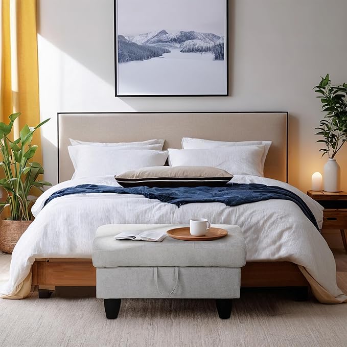 Ottoman Rectangular Storage Ottoman Bench, Flannel Footrest Stool Footstool with Lid for Living Room, Bedroom, Entryway, Khaki, 28.5"x19"x17.5"-Ruum Studio Home