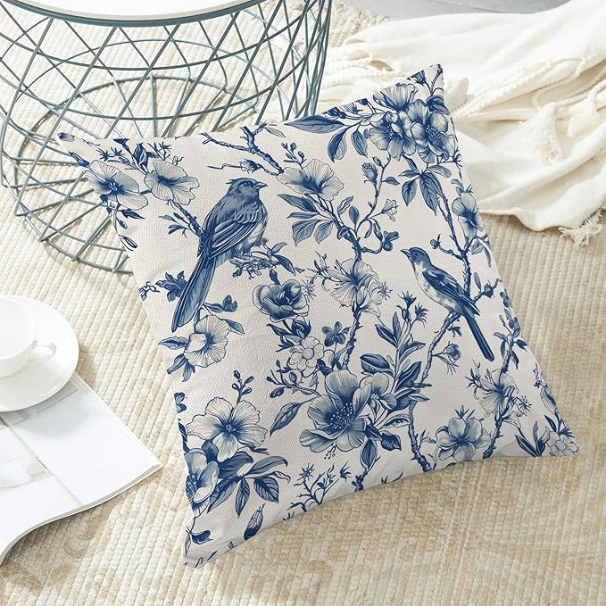Navy Blue Spring Floral Pillow Covers 18 x 18 Inch Set of 2 for Chinoiserie Vintage Flowers Bird Decor Throw Pillows Plant Farmhouse Outdoor Decorative Cushion Cases for Couch Bed Decorations-Ruum Studio Home