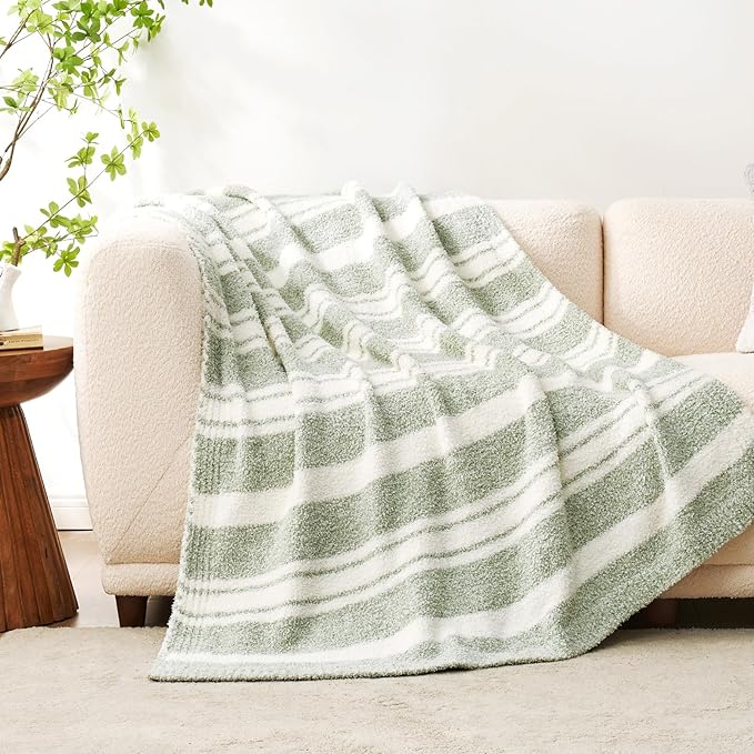 Snuggle Sac Stripe Sage Green Blanket Twin Size, Reversible Super Soft Warm Bed Blankets, Cozy Knit Fuzzy Blanket for Bed,Sofa, Living Room, Stripe Green, 60"x80"-Ruum Studio Home