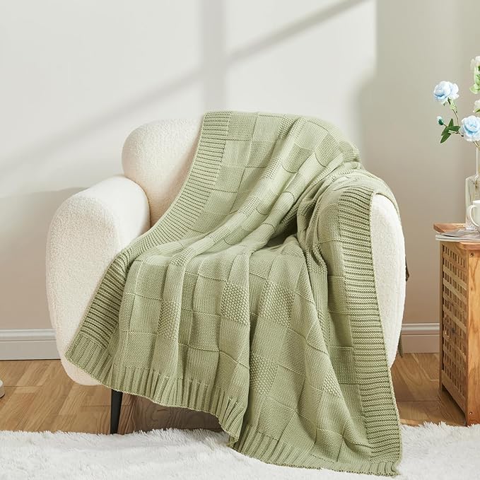 CozeCube Check Knit Throw Blanket, Sage Green Checkered Throw for Couch, Decorative Christmas Soft Cozy Warm Knitted Blanket for Bed Sofa Living Room, 60"X80"-Ruum Studio Home