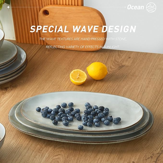 famiware Serving Platter, Oval 15.59/14.3/12.9inch Serving Dishes for Entertaining, Serving Bowls, Reactive Glaze, Stoneware Serving Trays for Party, Food, Turkey, Cheese, Ocean Series, Grey-Ruum Studio Home
