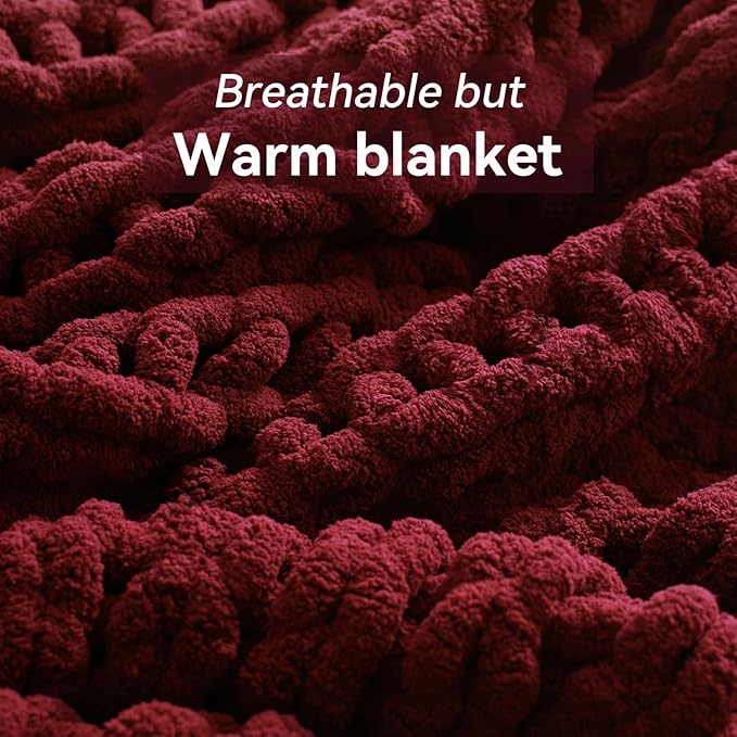 Chunky Knit Throw Blanket, 30''*40'' Knitted Throw Chenille Yarn for Bed Couch, Handmade Red Crochet Big Thick Blanket, Machine Washable Cute Comfy Blanket for Home Decor-Ruum Studio Home