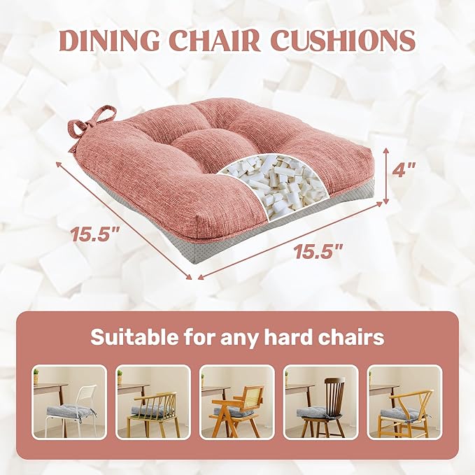 puredown® Chair Cushions for Dining Chairs, Tufted Memory Foam Chair Pads with Non-Slip Backing, Kitchen Seat Cushions with Ties, Washable Seat Pads Set of 4, 15.5" x 15.5" x 4", Pinky-Ruum Studio Home
