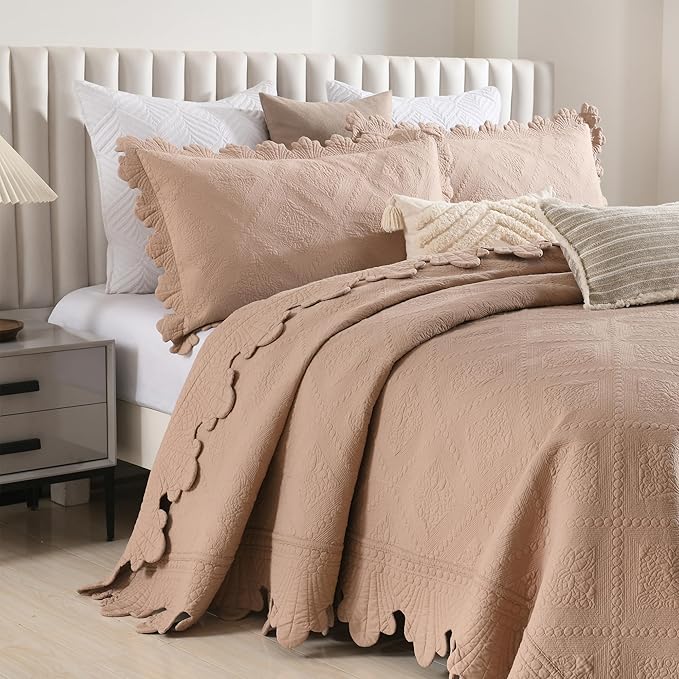 MarCielo 3-Piece 100% Cotton Oversized Bedspread Lightweight Quilt Coverlet Embroidery Farmhouse Bedding Set (TK Pale Taupe Camel, Oversized Queen (100"x106"))-Ruum Studio Home