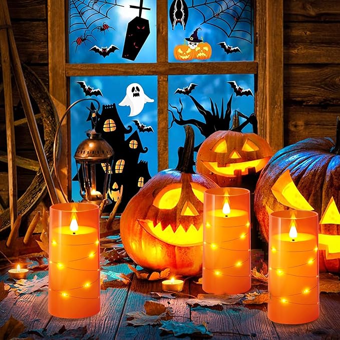 NURADA 3"x6"Flickering Flameless Candles: Built-in Star String Lights 3D Wick Battery Operated LED Pillar Candles with Remote and Timer for Halloween Thanksgiving Dinner Tables Home Fall Decor Orange-Ruum Studio Home