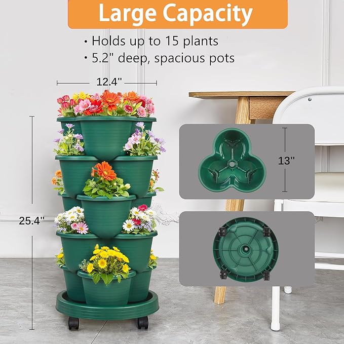 VECELO 5 Tier Vertical Garden Planter, Self Watering Stackable Planters with Wheels for Strawberries, Herbs, Flowers, Vegetables, Dark Green-Ruum Studio Home
