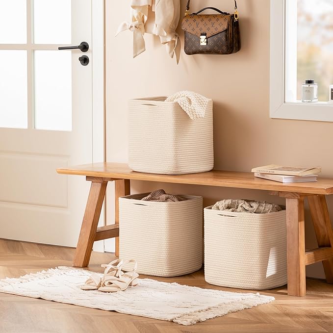 joybest Cube Storage Bins Set of 4, 13inch Cube Baskets Organizer for Nursery, Square Cotton Rope Baskets for Shelves Organizing, Kids Toy, Closet Storage, Beige-Ruum Studio Home