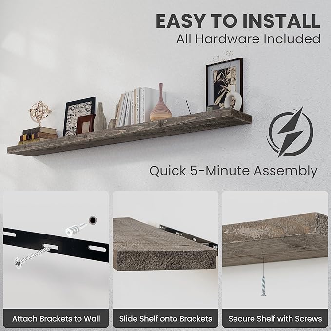 72 inch Floating Shelves for Wall, 8" Deep Rustic Reclaimed Barnwood Shelves, Floating Shelf Wall Hanging Shelves with Invisible Heavy-Duty Metal Bracket | Wall Mounted | Farmhouse Style, 1PC,Grey-Ruum Studio Home