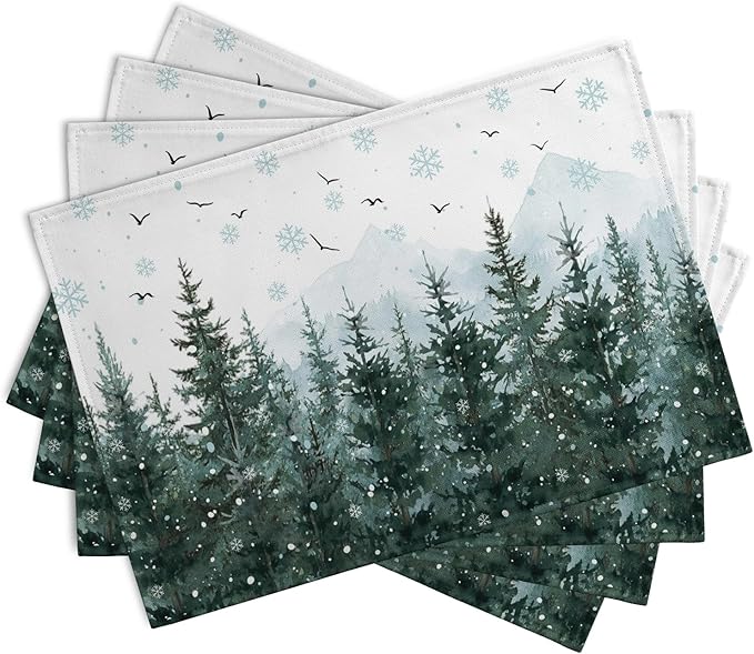 Winter Pine Tree Snowflake Placemats Set of 4 Christmas Snow Green Forest Place Mat 12x18 Inch Seasonal Xmas Holiday Rustic Nature Washable Fabric Table Mats for Farmhouse Kitchen Dining Decoration-Ruum Studio Home