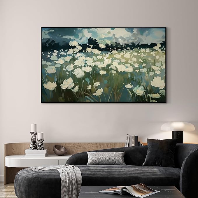 SIGNWIN 30"x60" Extra Large Framed Wall Art White Wildflower Field in Impressionist Style, Soft Floral Landscape for Home Living Room Bedroom Decor (Frame Assembly Required)-Ruum Studio Home