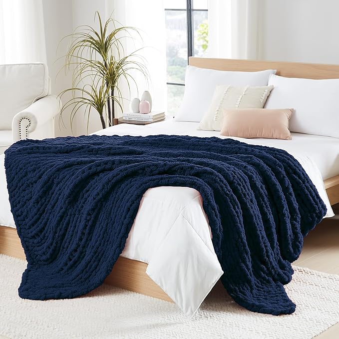 L'AGRATY Chunky Knit Blanket Throw: 80''x90'' Chenille Chunky Knitted Throw Blanket for Bed Couch - Handmade Thick Big Cable Knit Blanket - Large Chunky Crochet Blanket for Home Decor(Navy Blue)-Ruum Studio Home