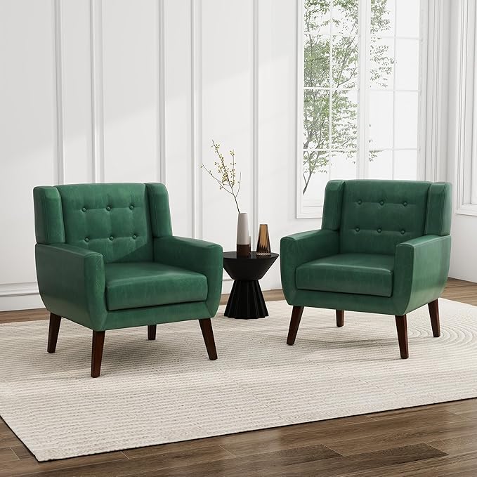 UIXE PU Leather Accent Chairs Set of 2, Modern Arm Club Chair Upholstered Armchair for Living Room, Comfy Single Sofa Seats Button Tufted Reading Seating, Green-Ruum Studio Home