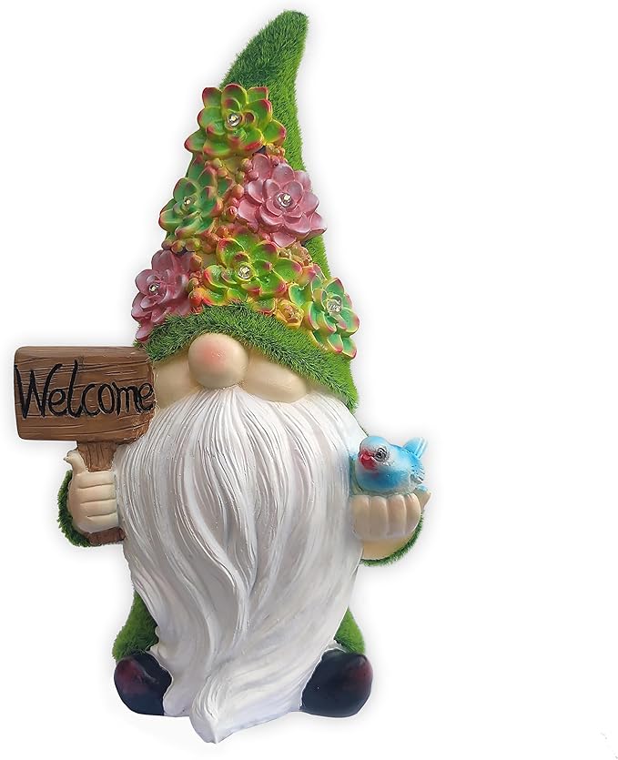 Solar Gnomes Garden Statues,Resin Gnome Figurine Holding Welcome Card and Bird with Solar Lights, Outdoor Gnomes Decorations for Yard Patio Lawn Porch, Garden Gifts-Ruum Studio Home