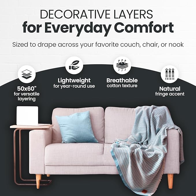 Gold Case Throw Blanket for Couch – 100% Recycled Turkish Cotton Blankets & Throws – Elegant Decorative Throw Blankets for Living Room Sofa – Woven Throws for Couch – Vintage Aqua– 50x60-Ruum Studio Home