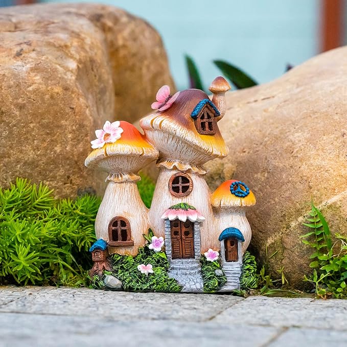 Solar Garden Statue Lights Mushroom Fairy House Figurine, Outdoor Memorial Garden Ornaments Waterproof Decoration for Outside Patio Yard Lawn Decor-Ruum Studio Home