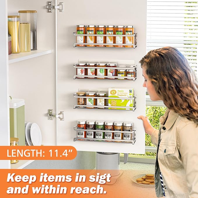 Spice Rack wall mounted 4 Pack, Space-Saving Spice Organizer for Spice Jars and Seasonings,Screw or Adhesive Hanging Spice Rack Organizer for Your Kitchen Cabinet,or Pantry Door,Chrome-Ruum Studio Home
