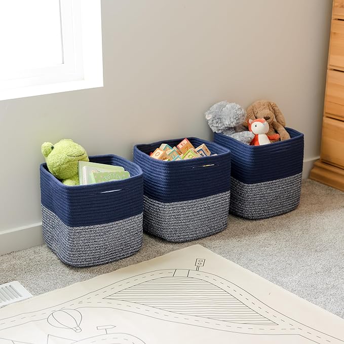 NaturalCozy 13 Inch Cube Storage Bins Cotton Rope Woven Baskets for Organizing 3-Pack | 13 x 13 Storage Cubes | Fabric Square Storage Baskets for Shelves Organizer, Kids Toy Bins, Closet Baby Nursery-Ruum Studio Home