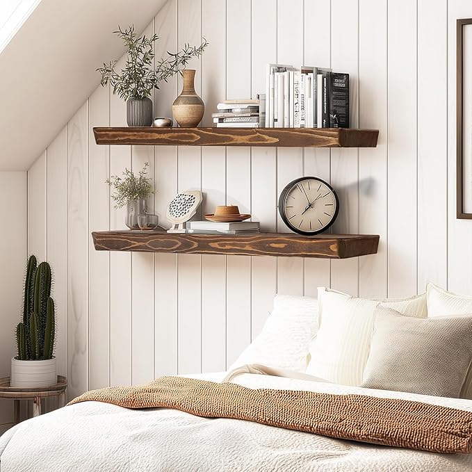 36"x6.8"x1.6" Slanted Floating Wall Shelves 2-Pack - Rustic Brown Finish, Heavy-Duty Solid Wood Design with Hidden Brackets - Perfect for Living Room, Kitchen, Bathroom, or Office-Ruum Studio Home