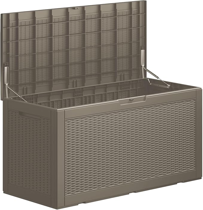100 Gallon Double-Wall Resin Deck Box - Lockable Waterproof Outdoor Storage Box, 1000lbs Capacity & Doubles as Seating for Patio Furniture - Garden Tools, Pool Accessories (Brown)-Ruum Studio Home