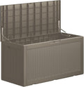 100 Gallon Double-Wall Resin Deck Box - Lockable Waterproof Outdoor Storage Box, 1000lbs Capacity & Doubles as Seating for Patio Furniture - Garden Tools, Pool Accessories (Brown)-Ruum Studio Home