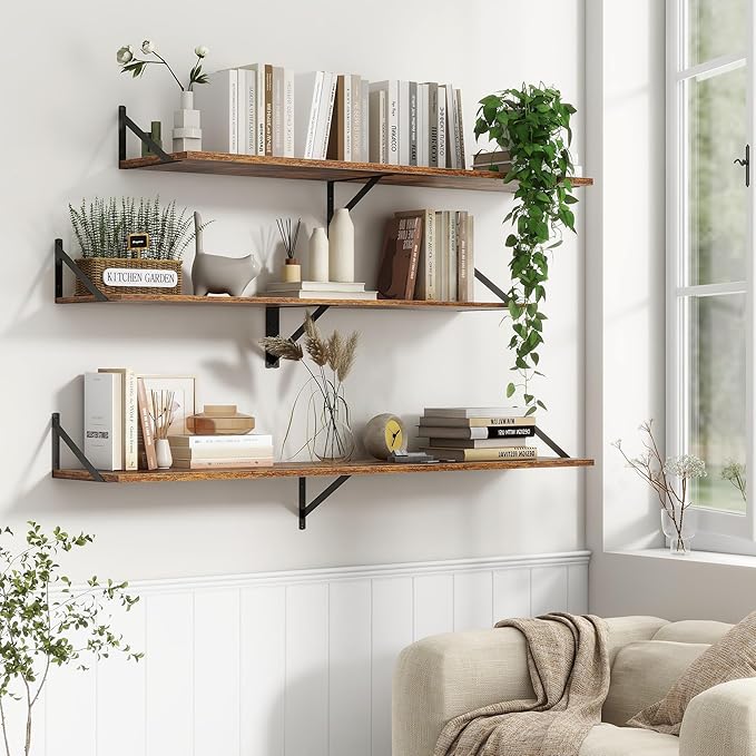12 Inch Deep Floating Shelves,48W x 12D Floating Shelves, Deep Wall Shelves Bracket Set of 2, Large Display Floating Shelf for Bathroom, Living Room, Wide Storage Wooden Wall Shelf, Rustic Brown-Ruum Studio Home