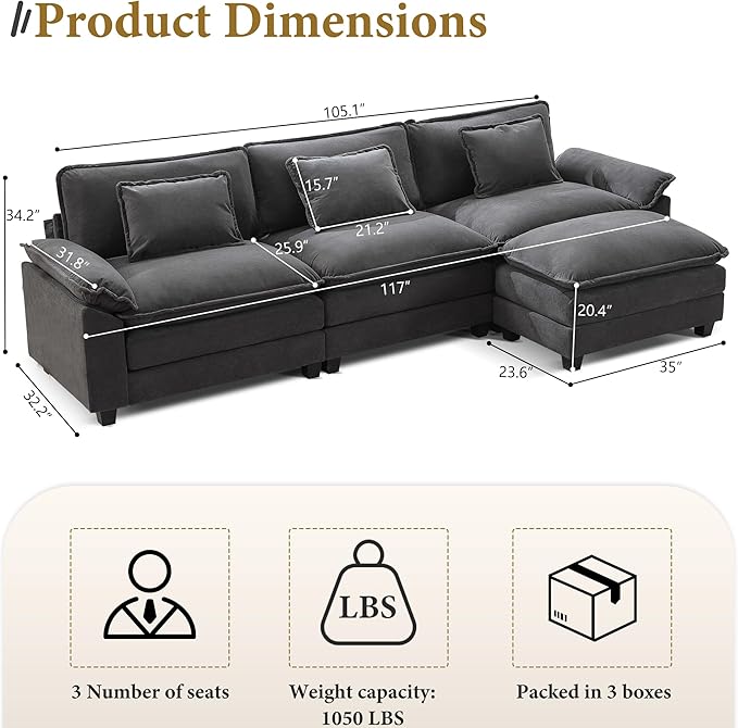 URRED Modular Sectional Sofa Comfy Cloud Couch, Modern Velvet Sofa Sleeper Deep Seat Couches with Ottoman/Pillows for Living Room (Dark Gray, 117''- L Shape)-Ruum Studio Home