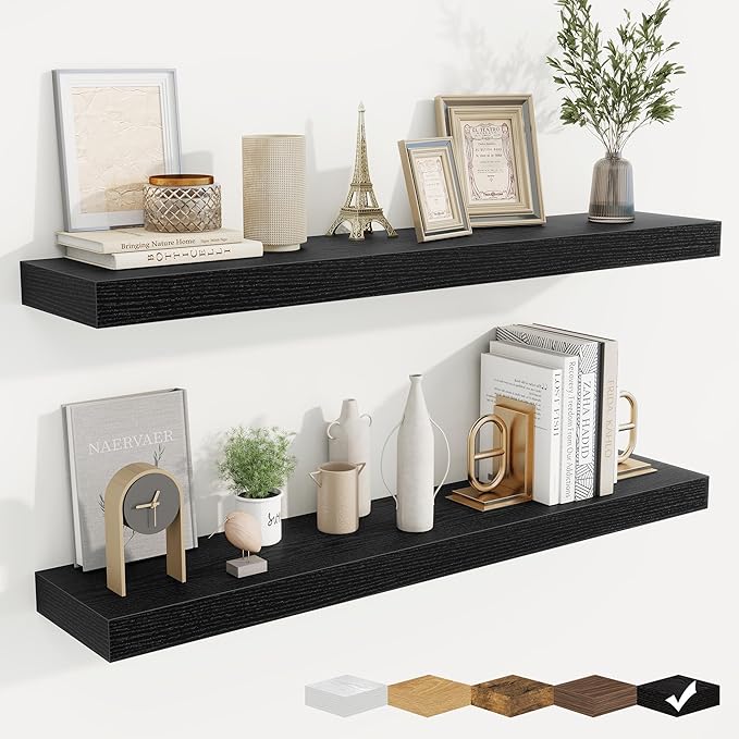 fuqing Floating Shelves for Wall, Bathroom Shelf Wall Mounted for Storage, Shelves with Invisible Bracket for Bedroom, Kitchen, Living Room, Farmhouse Small Book Shelf, 40 Inch Set of 2, Black-Ruum Studio Home