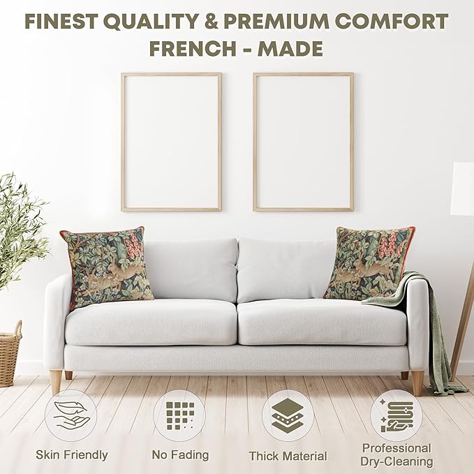 Charlotte Home Furnishings Decorative Tapestry Pillow Cover 14x14 in, Green Hares Couch Throw Pillow Cover, French Country Square Cushion Cases for Living Room Home Decor, Soft Cotton Jacquard Woven-Ruum Studio Home