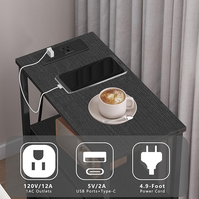 TUTOTAK Small Narrow End Table with Charging Station, Side Table with Outlets, Nightstand with 2 Cloth Drawers, Couch Table, for Living Room, Bedroom, Bedside, Black TB01BK085