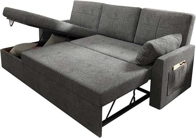 VanAcc Sleeper Sofa, Sofa Bed- 2 in 1 Pull Out Couch Bed with Storage Chaise, Sleeper Couch for Living Room, Grey Linen-Ruum Studio Home