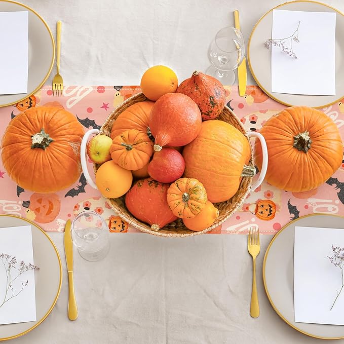 AnyDesign Halloween Table Runner Pink Spooky Ghost Pumpkin Table Cover Kitchen Dining Table Decoration Pink Halloween Table Dresser Scarves for Indoor Outdoor Home Party, 13 x 72 Inch-Ruum Studio Home