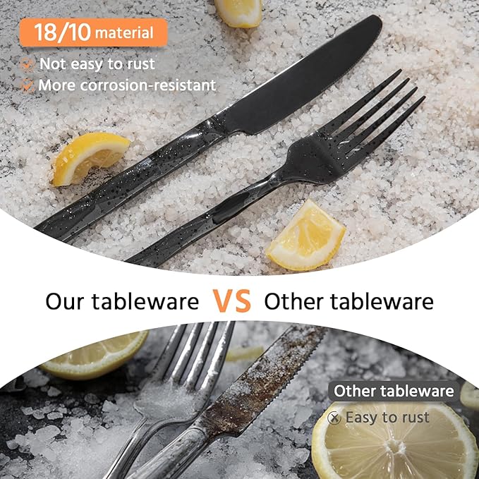 KINGSTONE Black Silverware Set, Luxury 40 Piece Flatware Set for, 18/10 Stainless Steel Cutlery Set with Diamond Cut Pattern for Kitchen, Home, Wedding, Party, Mirror Polished and Dishwasher Safe-Ruum Studio Home