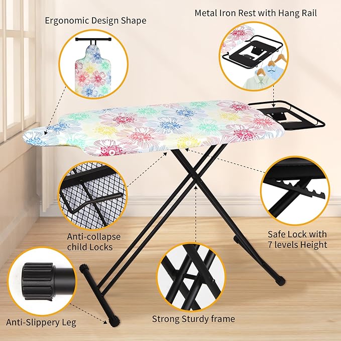 Extra Large Ironing Board with Hang Rail and Iron Rest 63" L x 20" W (Large with Iron Rest (Floral Cover))-Ruum Studio Home