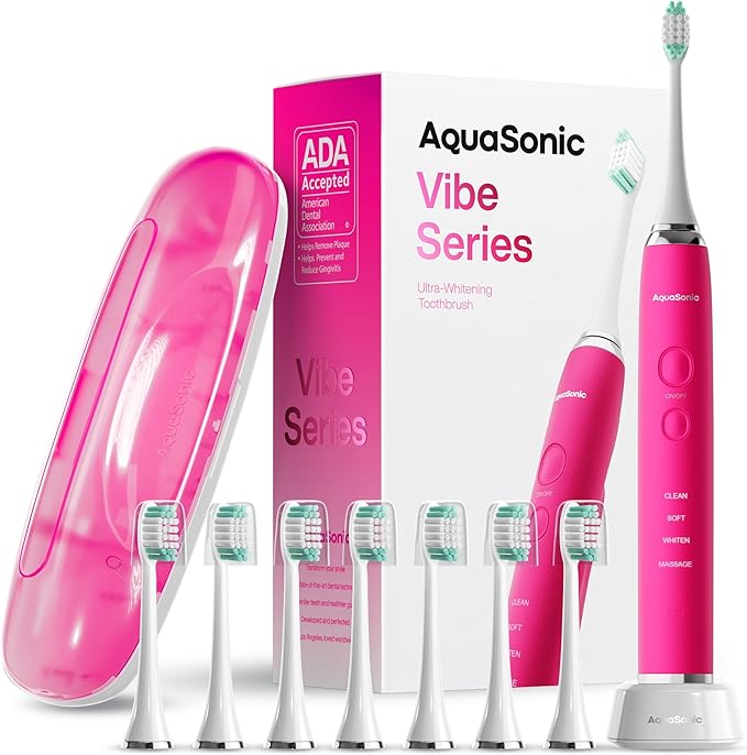 Aquasonic Vibe Series Ultra-Whitening Toothbrush – ADA Accepted Electric Toothbrush - 8 Brush Heads & Travel Case – 40,000 VPM Motor & Wireless Charging - 4 Modes w Smart Timer – Electric Pink-Ruum Studio Home