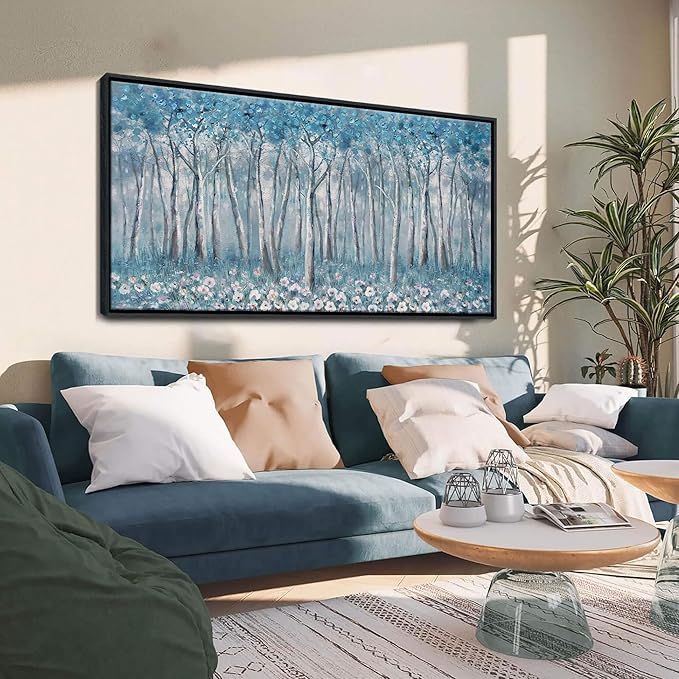 DUNHUANG ART Blue Tree Canvas Wall Art - Large Size Teal Abstract Painting for Home Office Living Room Bedroom Bathroom - Black Framed - Wall Decor Living Room 20"x40"-Ruum Studio Home