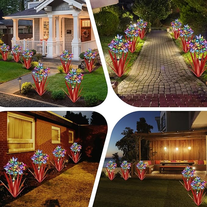 Homight Solar Metal Agave Butterfly Flower Stick Garden Sculpture - Outdoor Gift, Christmas Lights - Swaying Butterfly Garden Lights - Solar Outdoor (3 PCS RED)-Ruum Studio Home