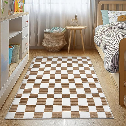 jinchan 3x5 Brown Checkered Area Rugs for Kids Room - Machine Washable Rug Modern Neutral Geometric Lattice Soft Non-Slip Carpet for Nursery Playroom Bedroom Entryway Living Room Home Office-Ruum Studio Home