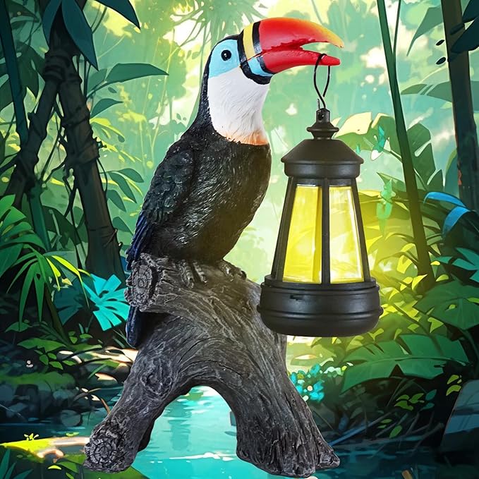 Toucan Garden Statues Decor, Solar Waterproof 9.5" Colorful Tropical Bird Sculpture with LED Lights Funny Garden Outdoor Exotic Bird Sculpture Decoration for Lawn Porch Yard Patio Tiki Bar-Ruum Studio Home