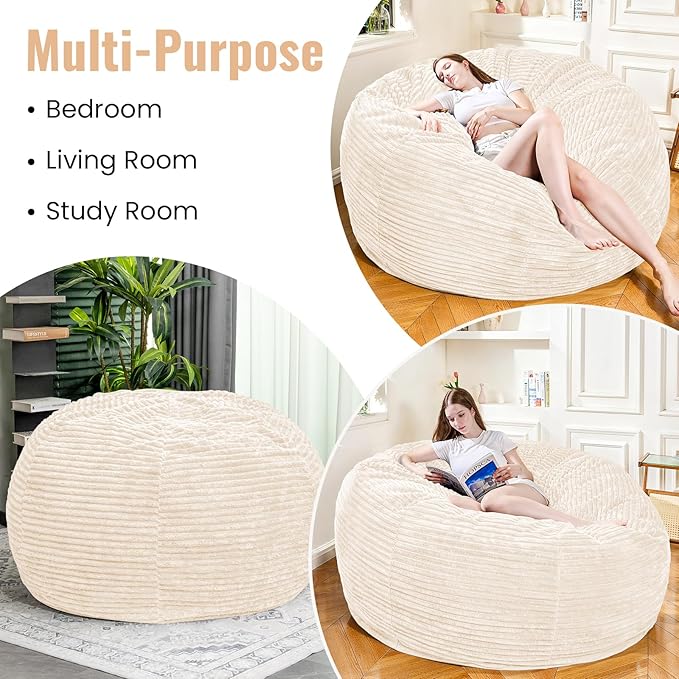 Large Bean Bag Chair, 5FT Giant Beanbag Chairs with Memory Foam Filled, Bean Bag Chairs for Adults, Ultra Soft Lazy Sofa for Living Room Bedroom (White)-Ruum Studio Home