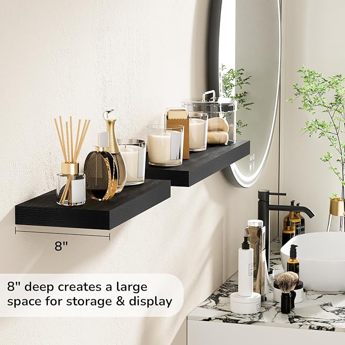 Fun Memories 16 Inch Floating Shelves - Deep Rustic Black Wooden Wall Shelves - Extra Deeper & Thicker Wall Mounted Storage Shelf for Bedroom, Kitchen, Farmhouse - 2 Pack, Rustic Black-Ruum Studio Home