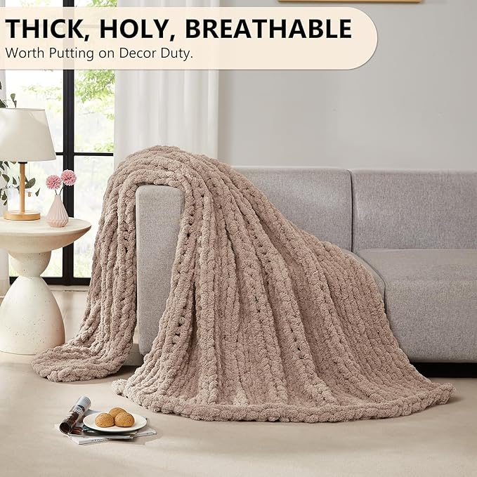 L'AGRATY Chunky Knit Blanket Throw: 60''x80'' Chenille Chunky Knitted Throw Blanket for Bed Couch - Handmade Thick Big Cable Knit Blanket - Large Crochet Rope Blanket for Home Decor(Light Taupe)-Ruum Studio Home