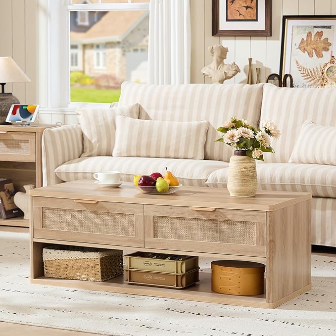 LEYAOYAO Boho Rattan Coffee Table Sets 2 Pieces, Nightstand with Charging Station and Coffee Table with Hidden Storage Compartment, Natural Living Room Table Set, Wood Furniture Sets for Home Office-Ruum Studio Home