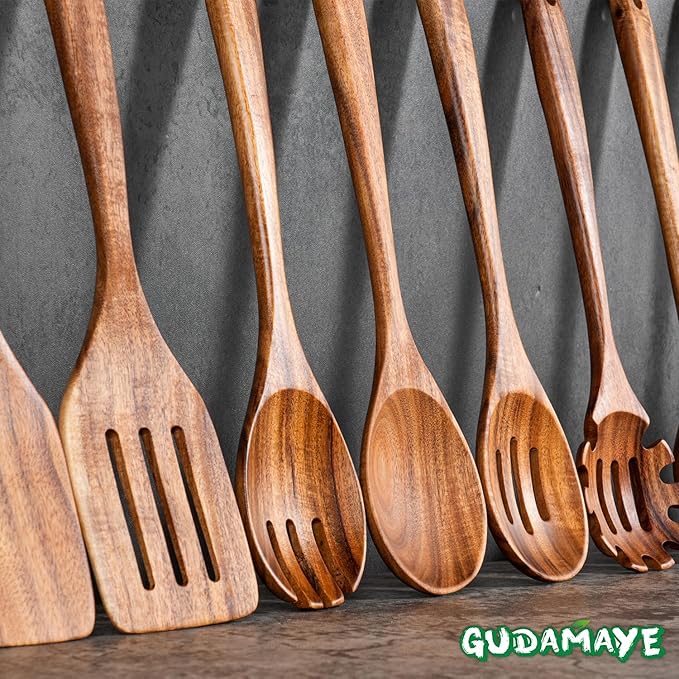 Gudamaye 13 inch Long Wooden Spoons for Cooking, 9 PCS Natural Teak Wooden Kitchen Utensil Set with Utensils Holder Made of Australia Camphor Laurel Wood，Wooden Utensils for Cooking-Ruum Studio Home