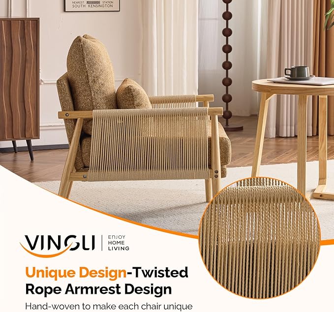 VINGLI Boho Braid Accent Armchairs Set of 2,Mid-Century Modern Chiars with Solid Wooden Armrest,Comfy Louge Cushion Chairs with Waist Pillow for Bedroom,Living Room,Reading Room, Khaki-Ruum Studio Home