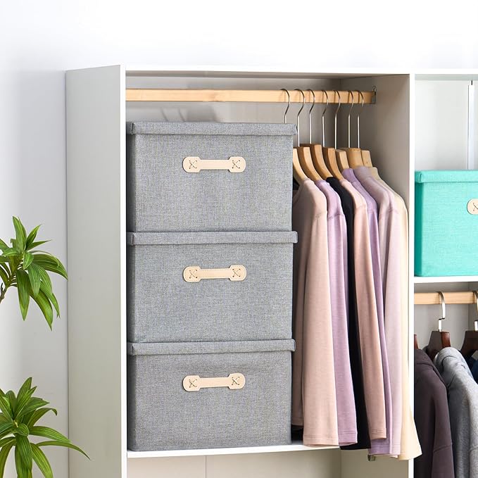 Enzk&Unity Decorative Storage Boxes with Lids, 3 Pack Grey Fabric Storage Bins with Handle, Foldbale and Stackable Storage Boxes for Shelf, Closet, Bedroom, Living Room-Ruum Studio Home