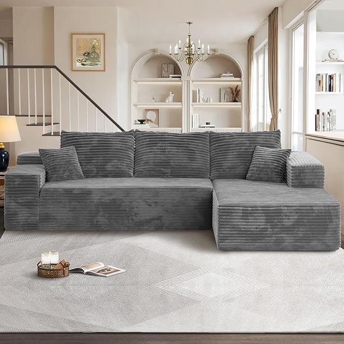 106" Cloud Sectional Couches for Living Room,Plush Corduroy Boneless Couch with Comfy Chaise,L Shaped Sofa in A Box No Assembly Require,Grey-Ruum Studio Home
