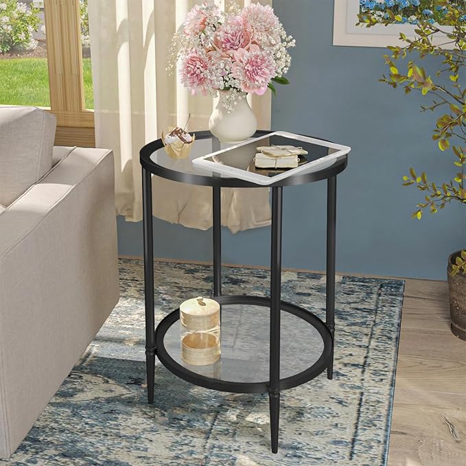 2 Tier Round Side Table, Black End Table with Glass Top, Modern Metal Clear Coffee Table，Small Accent Table for Living Room, Bedroom, 18" x 18" x 24"-Ruum Studio Home