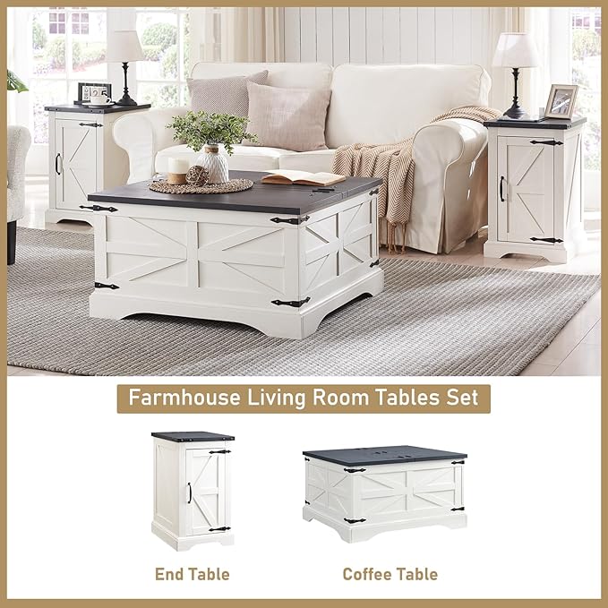 JXQTLINGMU Farmhouse Nightstand Set of 2 with Charging Station, 17" D Rectangular End Table with Barn Door & Adjustable Storage Shelf, Wood Rustic Sofa Side Table for Living Room, Bedroom, White-Ruum Studio Home